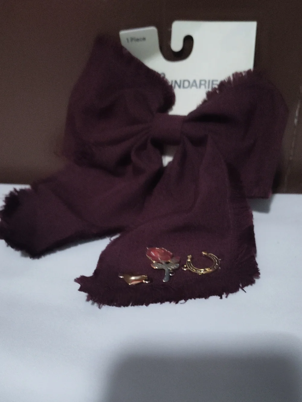 Elegant Burgundy Bow Hair Scarf with Floral & Heart Charms